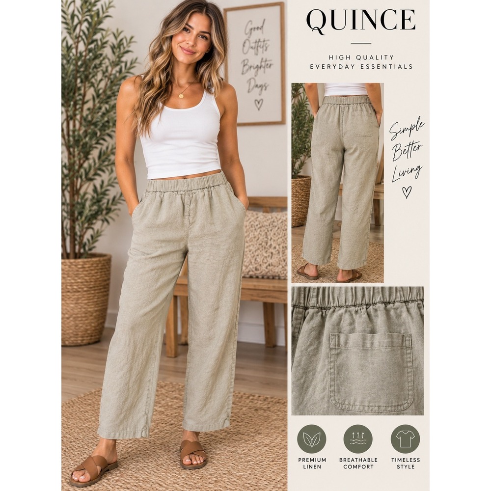 Quince Women Sage Green 100% European Linen Wide Leg Pants Size Large L